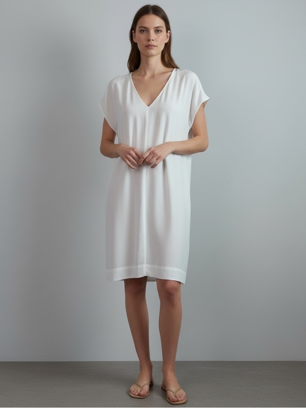 Maven West Short Sleeve V-Neck Flowy  Tencel Shift Dress White Sz S Pockets